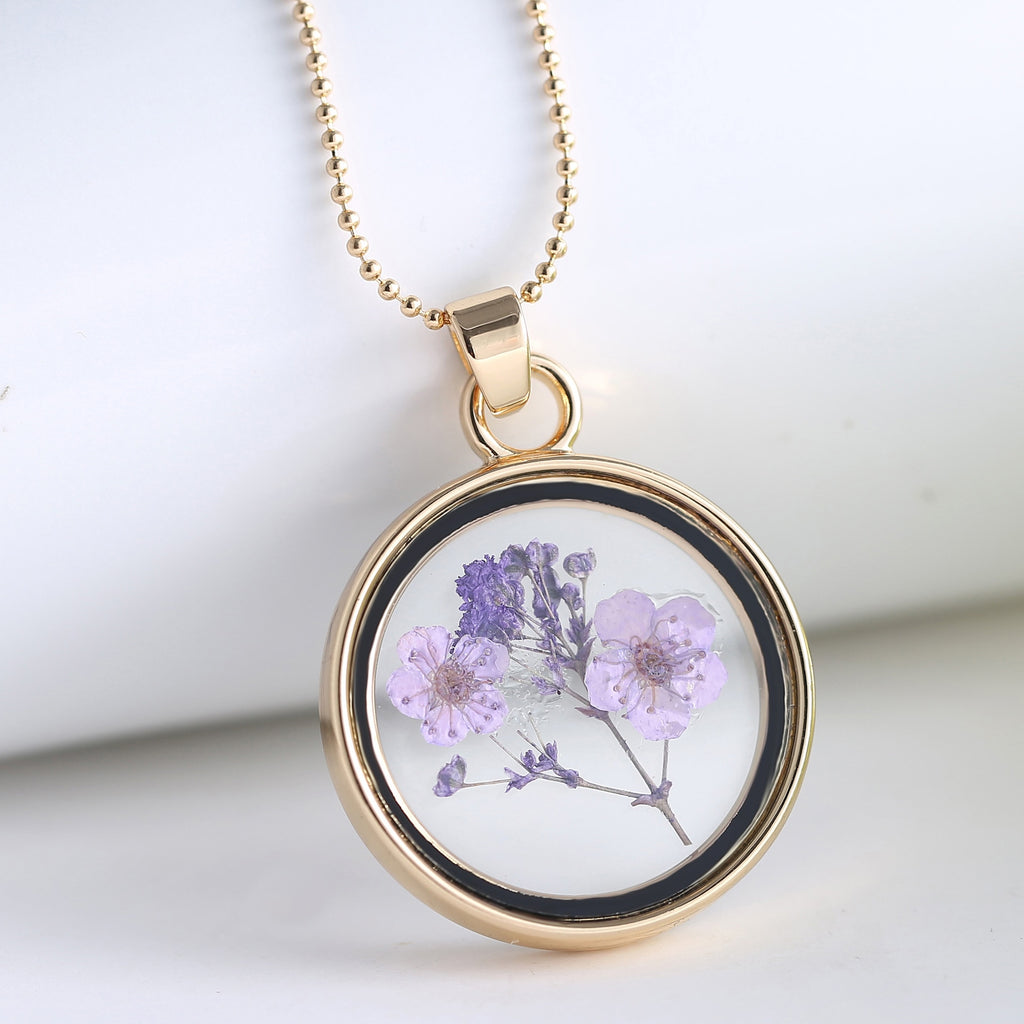 Popular Dried Flower Necklaces Korean Womens Long Gold Beads Chain Colorful Round Pendant Necklace Jewelry For Girls