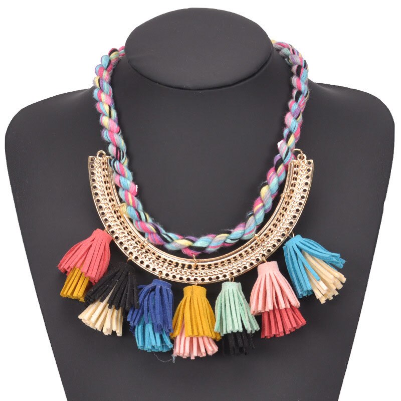 Popular Ethnic Necklace Bohemia Colorful Velvet Tassel Pendant Choker Neck Boho Collar Silk Thread Rope Chain Necklace for Women