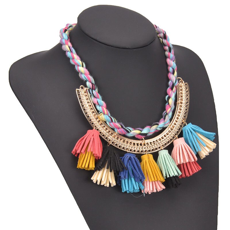 Popular Ethnic Necklace Bohemia Colorful Velvet Tassel Pendant Choker Neck Boho Collar Silk Thread Rope Chain Necklace for Women
