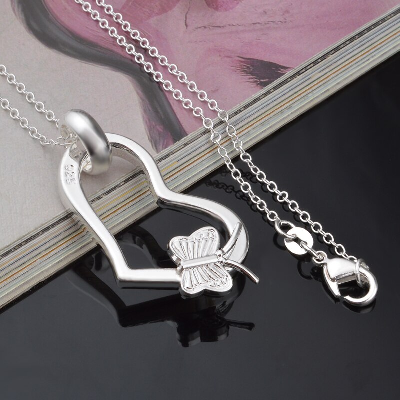 Popular brands 925 Stamped Silver Pretty Heart butterfly Pendant Necklace For Women wedding party Jewelry Holiday gifts