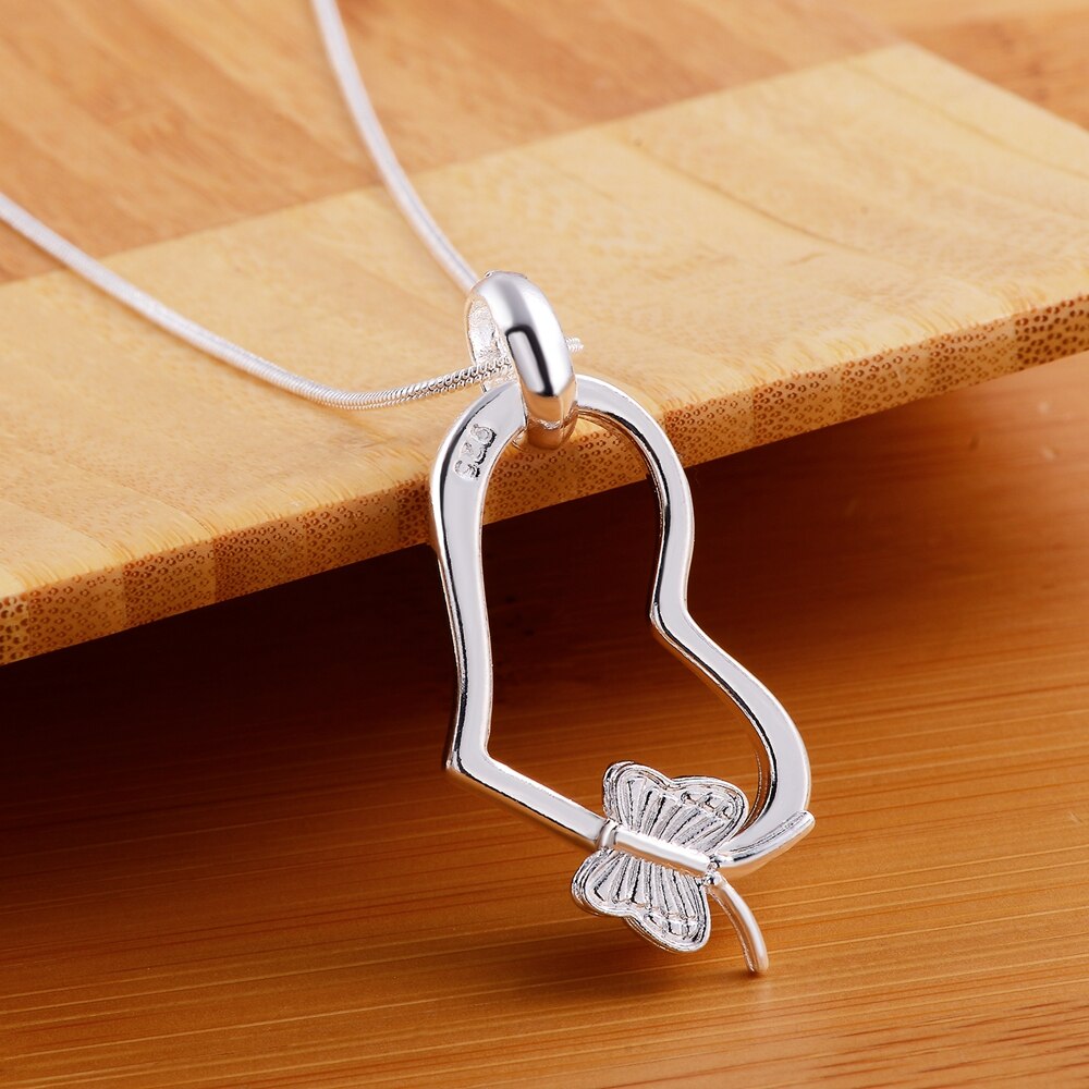 Popular brands 925 Stamped Silver Pretty Heart butterfly Pendant Necklace For Women wedding party Jewelry Holiday gifts