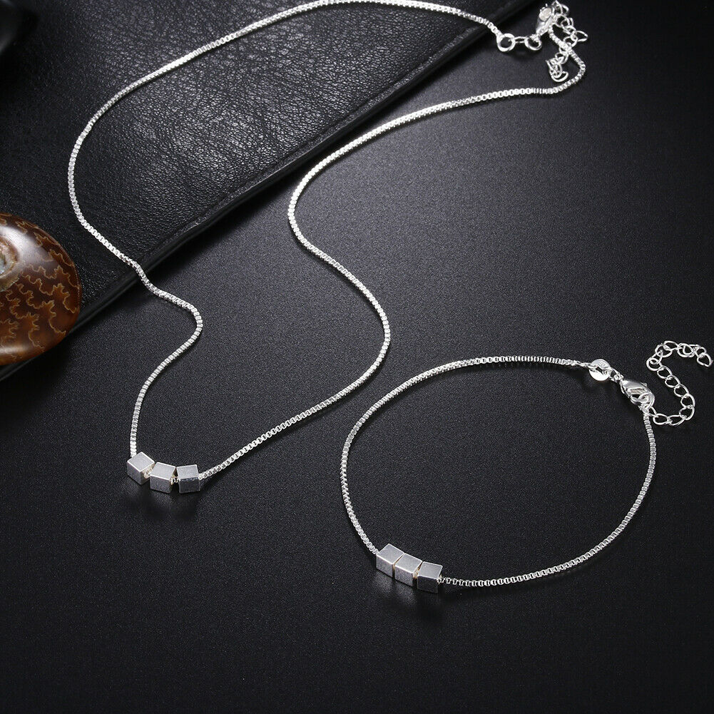Popular brands 925 sterling Silver Pretty Square bracelet neckalce for women Party wedding accessories jewelry sets Gift