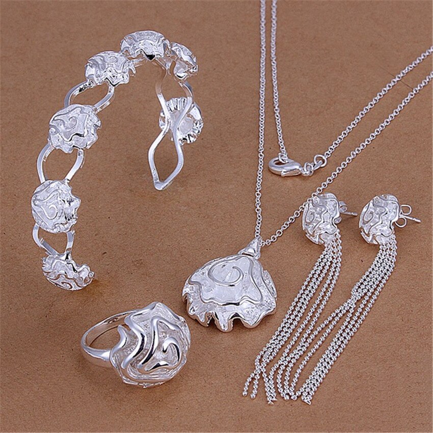 Popular brands 925 sterling Silver charms rose flower pendant bangle rings Bracelet necklace stud earrings Jewelry set for women