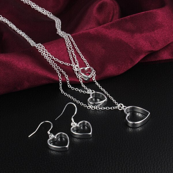 Popular brands 925 sterling Silver romantic Love Heart necklace earrings Jewelry set for women classic Party Couple gift