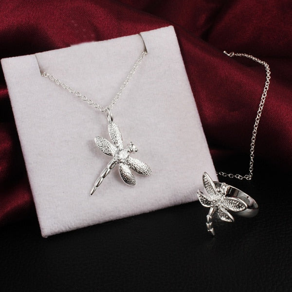 Popular brands  Women Party wedding Jewelry set 925 Sterling Silver Crystal dragonfly pendant necklace rings gifts