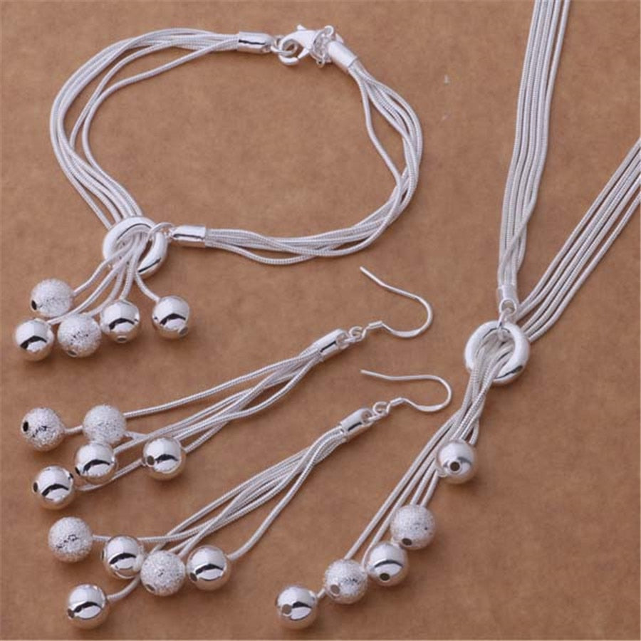 Popular designer 925 Sterling Silver tassels beads Bracelets necklace earring Jewelry set Party wedding accessories gift