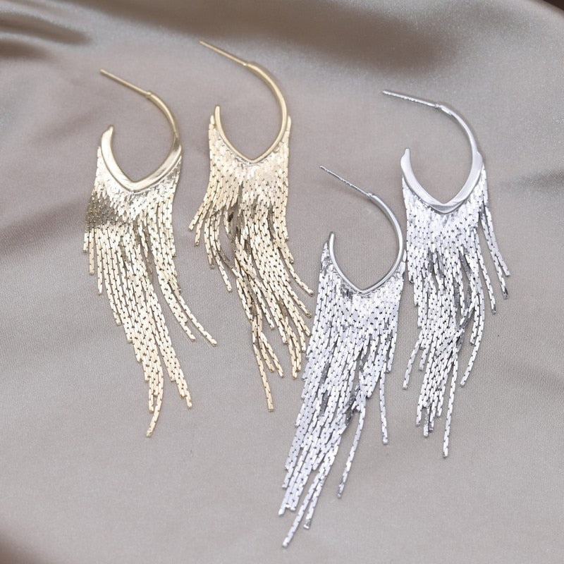 Popular jewelry in Europe America 14K gold plating  long metal tassel earrings elegant women's party accessories