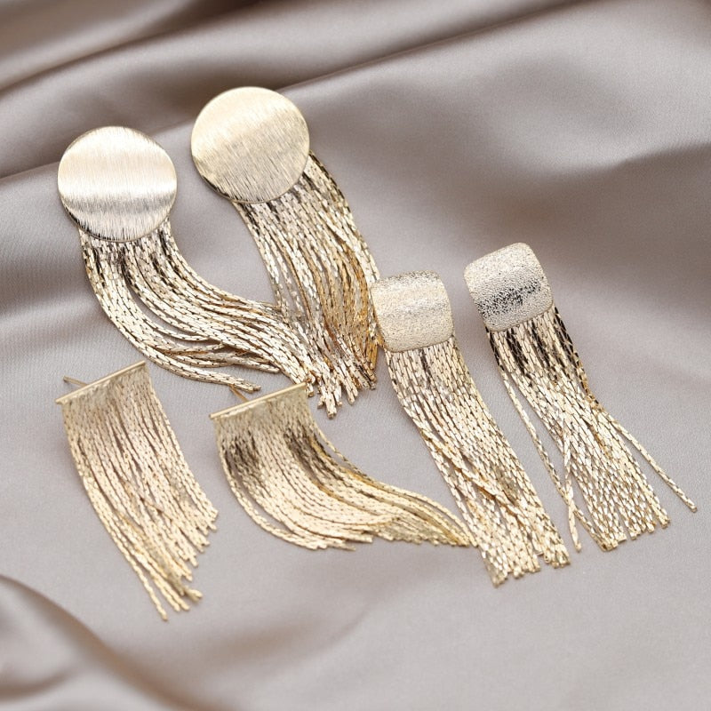 Popular jewelry in Europe and America 18K gold plating geometric long tassel chain earrings Elegant women's party