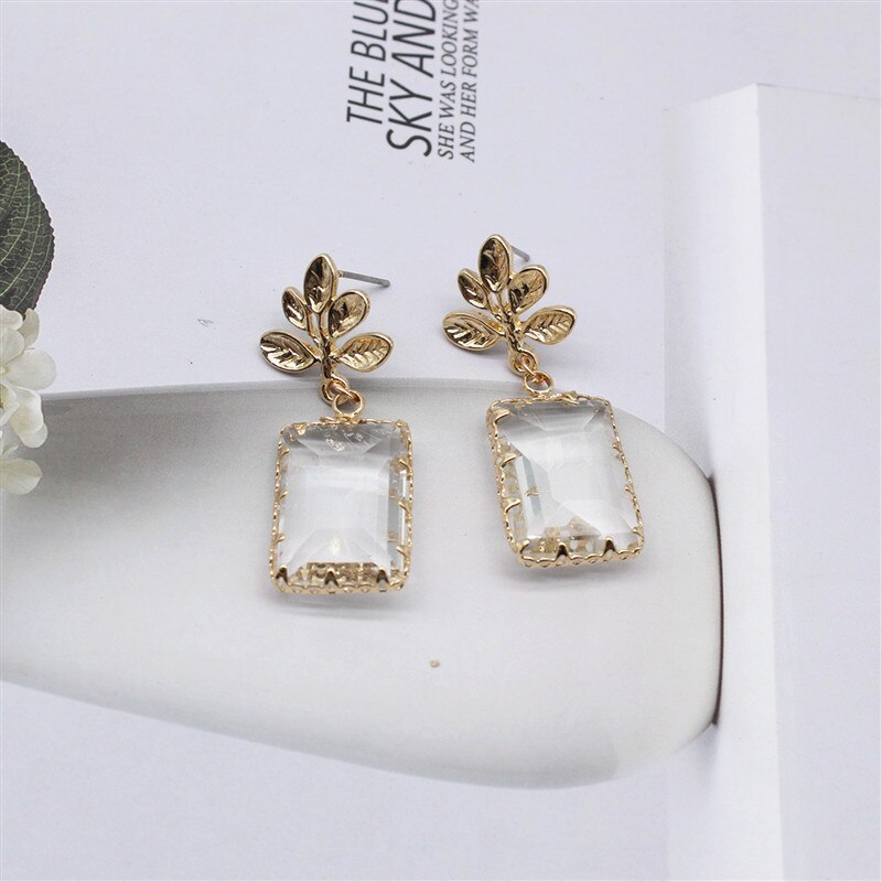 Popular jewelry metal leaf earrings transparent white glass drop earrings statement earrings for women gift
