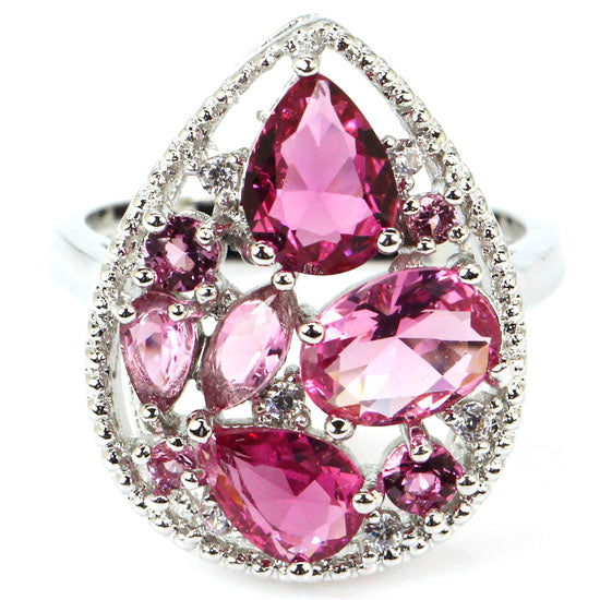 Popular in 2020 Pear Shape Pink Tourmaline White CZ Woman's 925 Silver Ring 23x17mm