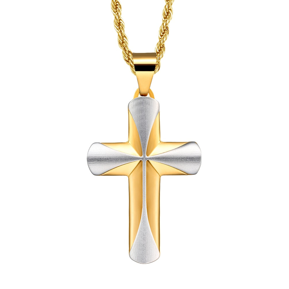 Premier Designs Jewelry Chain Religious Men's Stainless Steel Gold Color Contrast 3.8*2.5mm Cross Pendant Necklace
