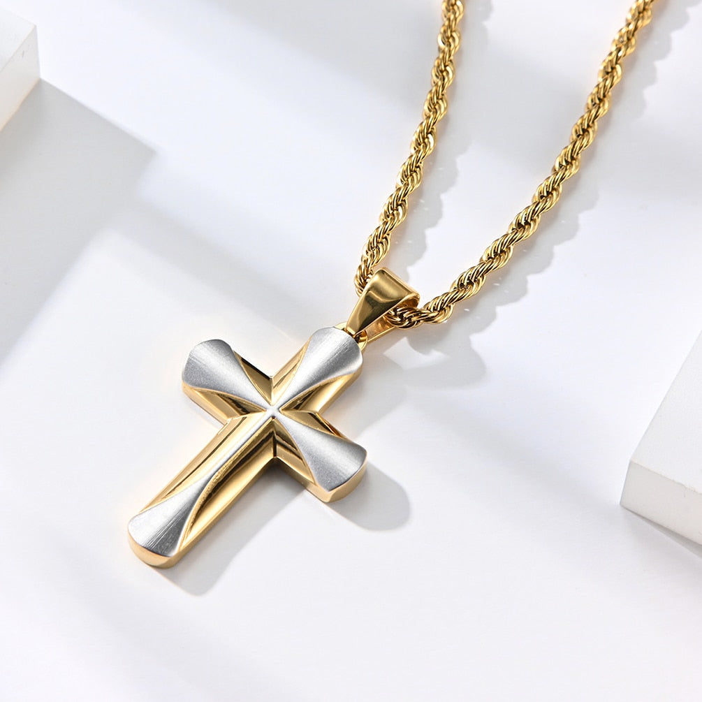 Premier Designs Jewelry Chain Religious Men's Stainless Steel Gold Color Contrast 3.8*2.5mm Cross Pendant Necklace