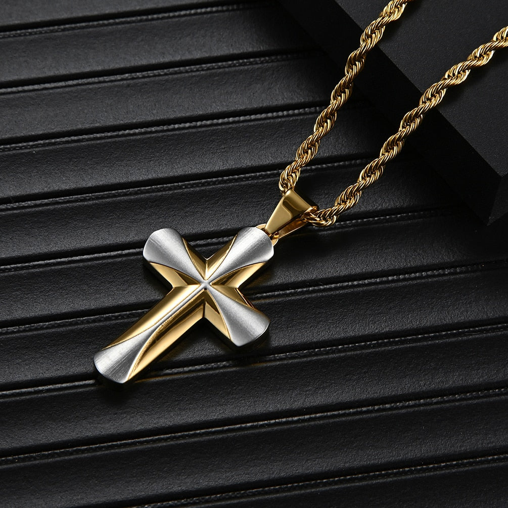 Premier Designs Jewelry Chain Religious Men's Stainless Steel Gold Color Contrast 3.8*2.5mm Cross Pendant Necklace