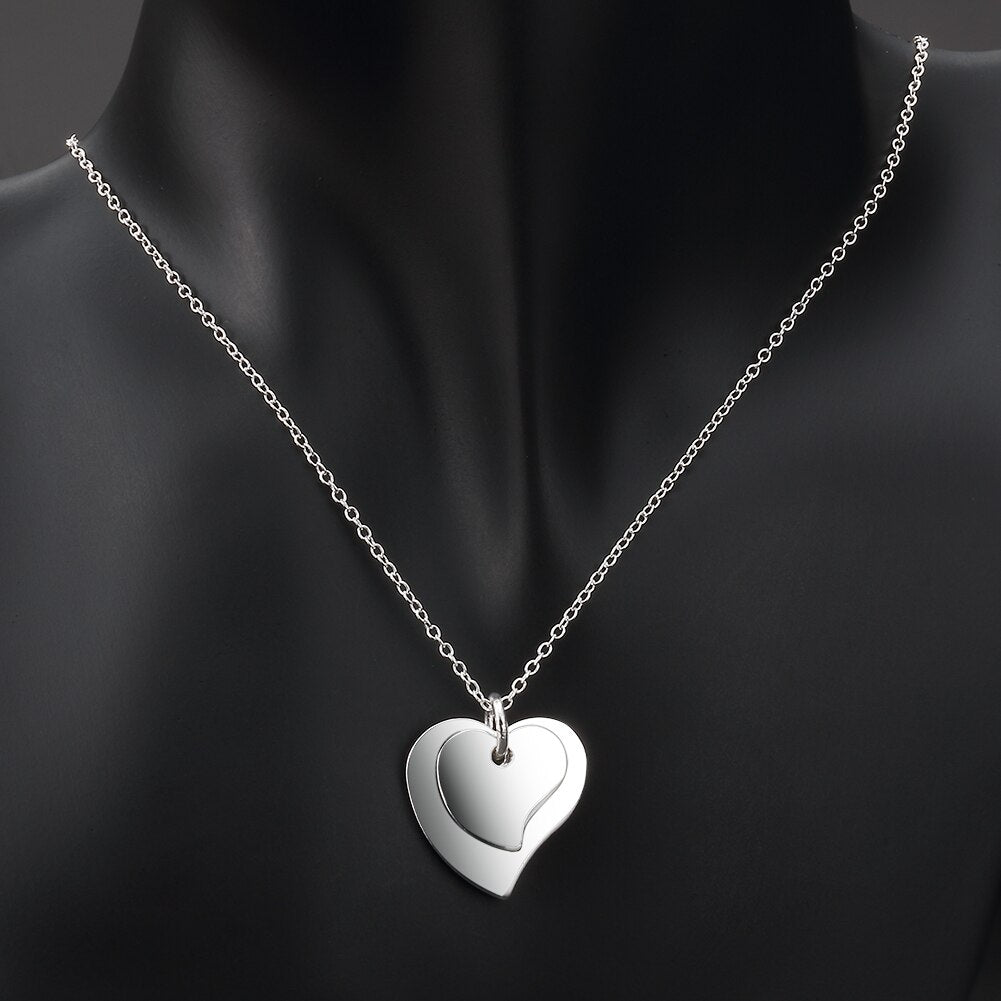 Pretty 925 Stamped Silver beautiful double heart card Pendant Necklace for women party wedding Jewelry Couple gifts
