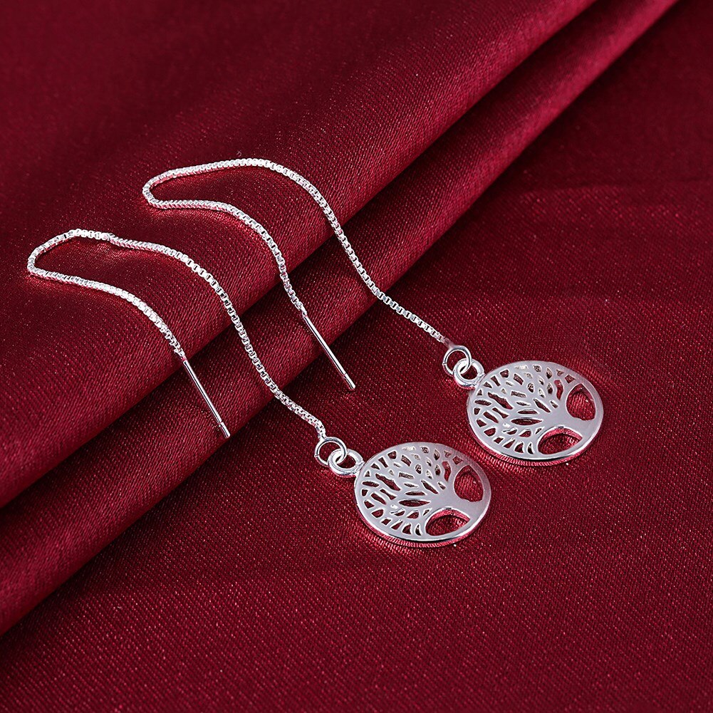 Pretty 925 Sterling Silver Exquisite Round tree long Earrings for Women party wedding Jewelry Christmas Gifts charms