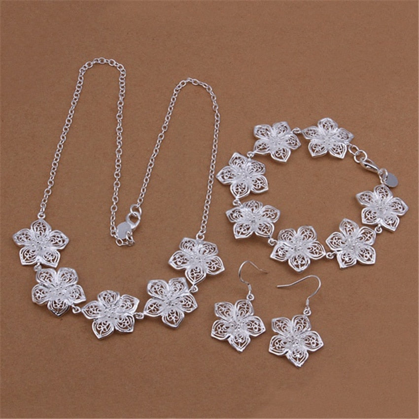 Pretty 925 sterling Silver Jewelry sets fine Flowers necklace bracelet earrings for women Gift Party wedding accessories