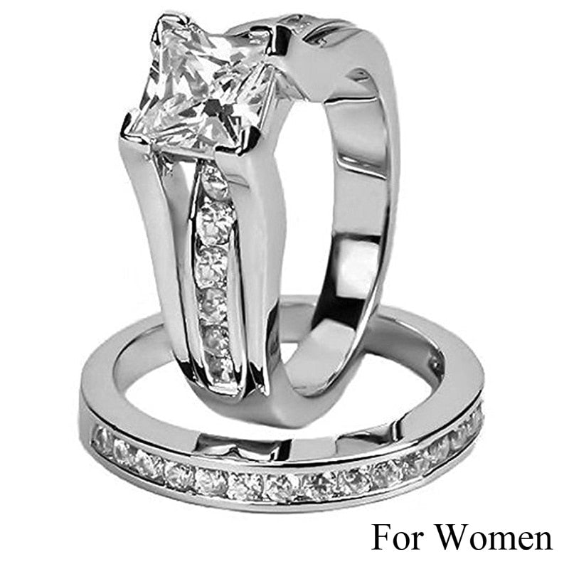 Princess Cut Cubic Zirconia Couple Rings Stainless Steel Wedding Ring Set for Women and Men