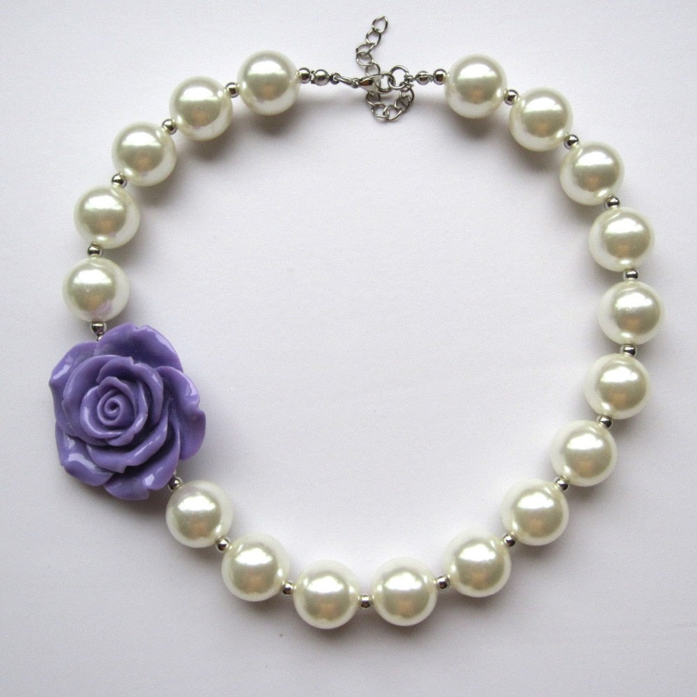 Princess Sofia Purple Resin Flower Bubblegum Pearl Necklace Chunky Strand beads necklace gift for kids/girls Charms jewelry