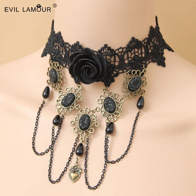 Princess gothic lolita necklace chain vintage royal black lace chain chokers exaggerated necklace JL-240