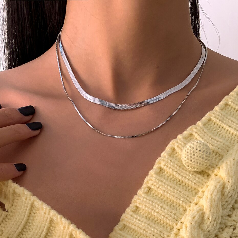 PuRui Multi Layered Charm Women Snake Chain Choker Necklace Gold Silver Color Flat Herringbone Chokers Collar Necklace Jewelry