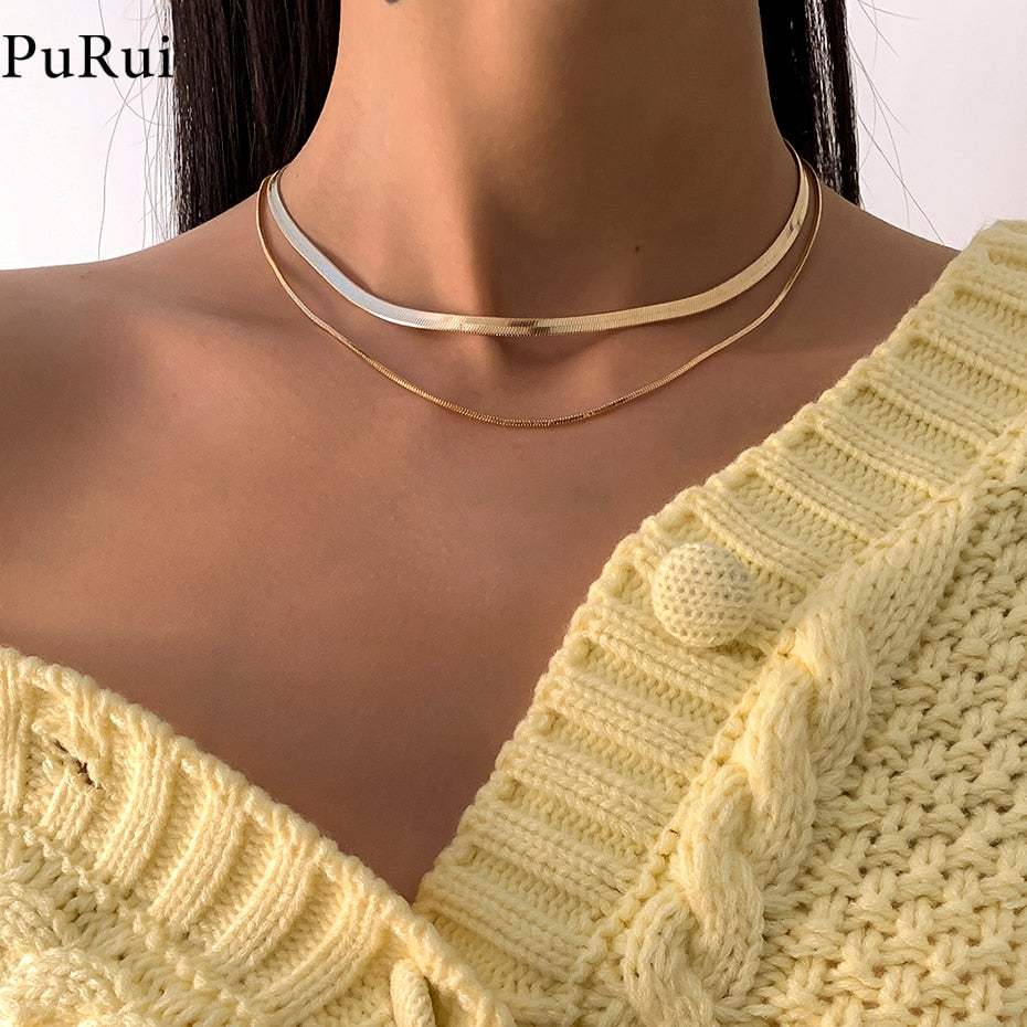 PuRui Multi Layered Charm Women Snake Chain Choker Necklace Gold Silver Color Flat Herringbone Chokers Collar Necklace Jewelry