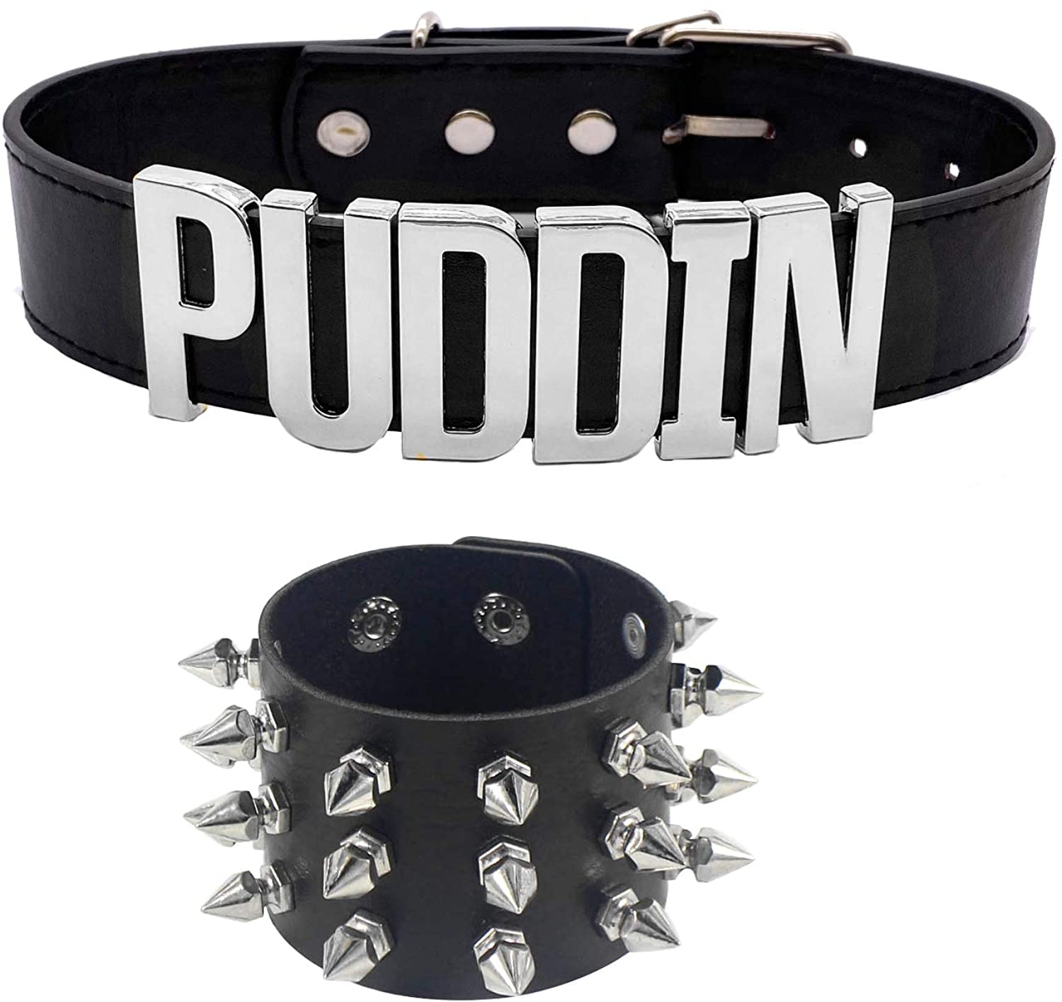 Puddin Necklace Bracelet Leather Choker Necklace Cosplay Choker Letter Collor Cosplay Accessory for Girl Halloween Party Jewelry