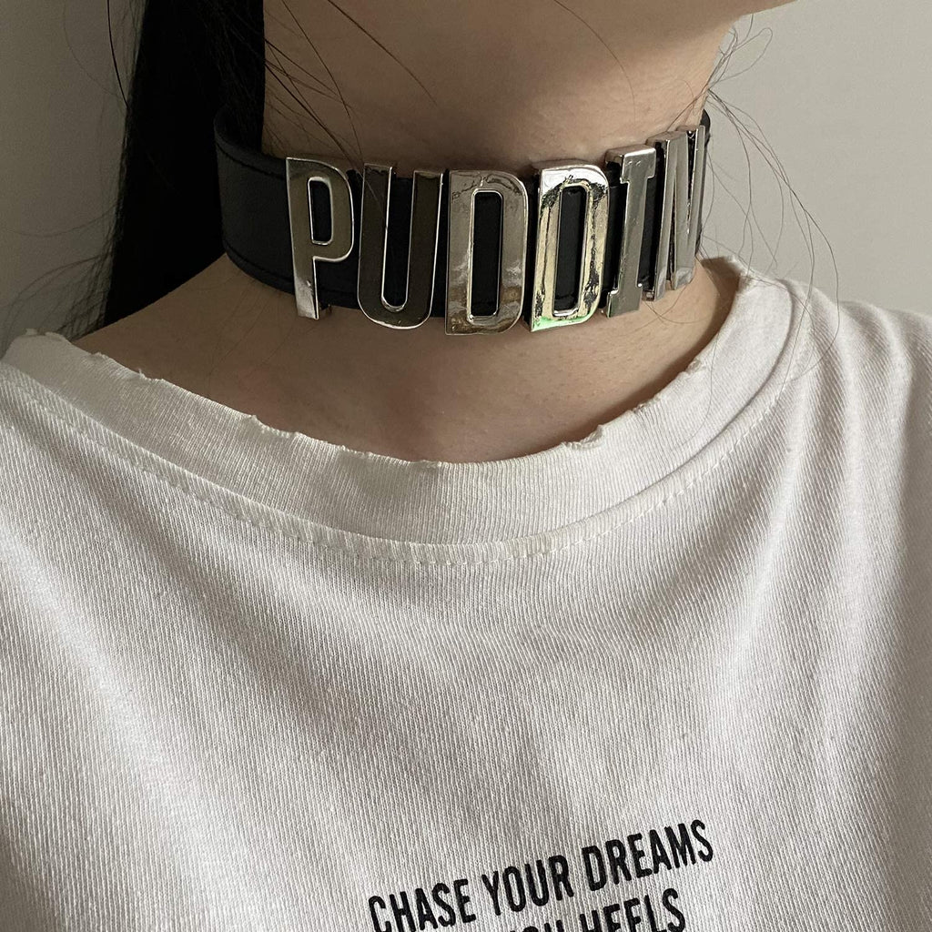Puddin Necklace Bracelet Leather Choker Necklace Cosplay Choker Letter Collor Cosplay Accessory for Girl Halloween Party Jewelry