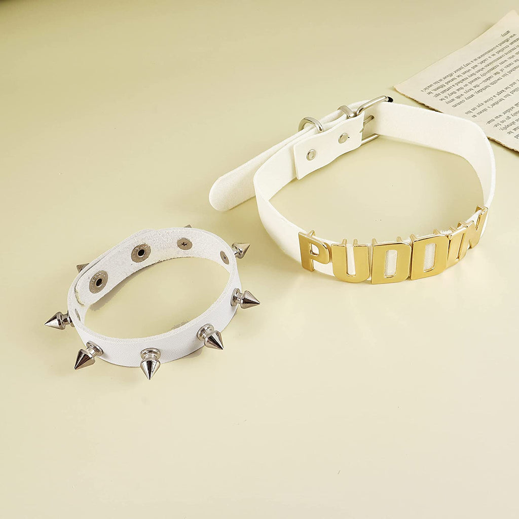 Puddin Necklace Rivets bracelet for Women Leather Choker Necklace Cosplay Choker Letter Collor Cosplay Accessory Halloween Party