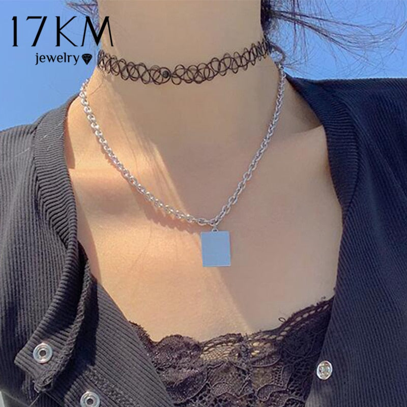 Punk 2pcs Black Tattoo Lace Choker Necklace For Women Gothic Silver Color Geometric Square Pendant Necklaces Jewelry