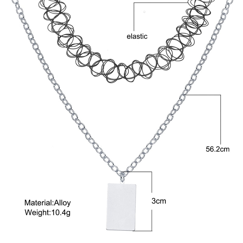 Punk 2pcs Black Tattoo Lace Choker Necklace For Women Gothic Silver Color Geometric Square Pendant Necklaces Jewelry