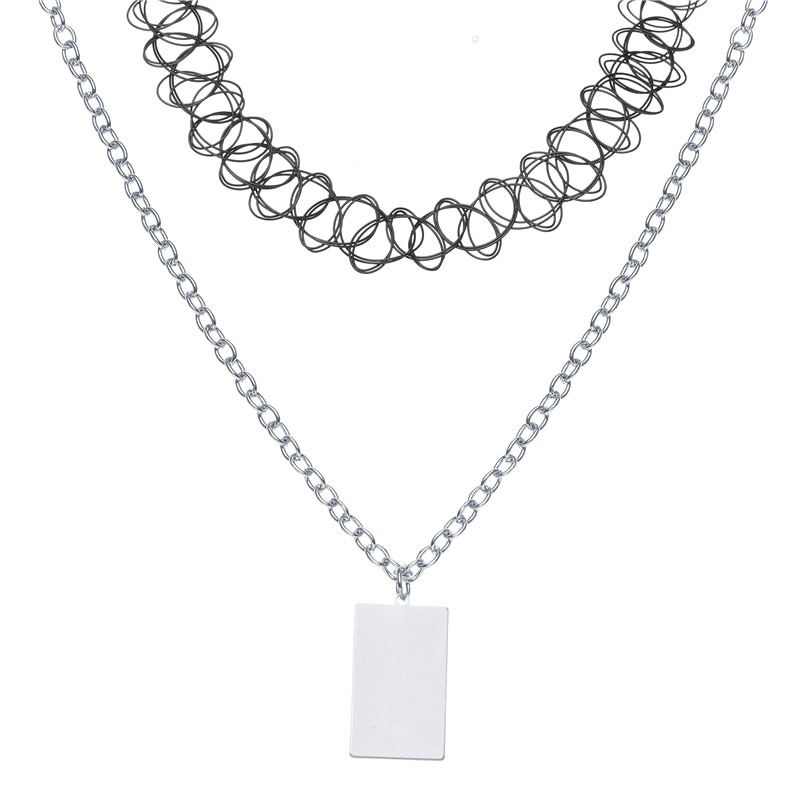 Punk 2pcs Black Tattoo Lace Choker Necklace For Women Gothic Silver Color Geometric Square Pendant Necklaces Jewelry