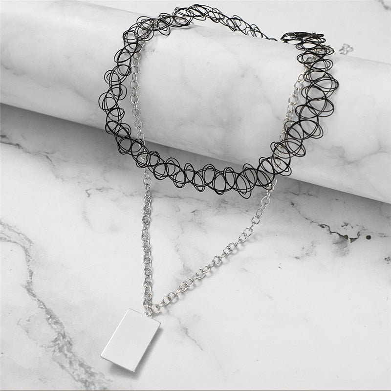 Punk 2pcs Black Tattoo Lace Choker Necklace For Women Gothic Silver Color Geometric Square Pendant Necklaces Jewelry