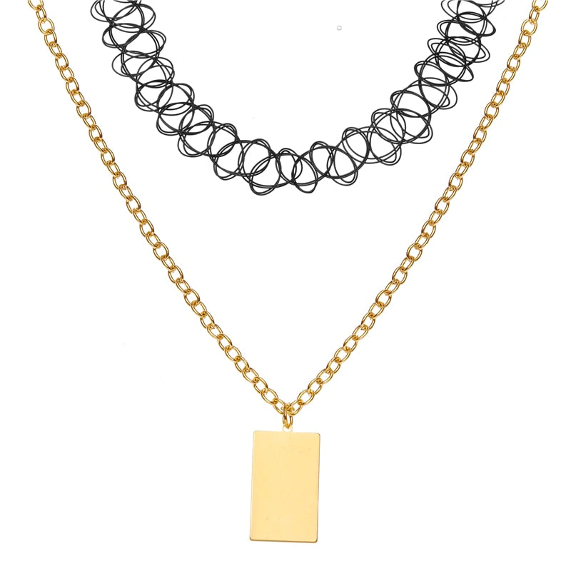 Punk 2pcs Black Tattoo Lace Choker Necklace For Women Gothic Silver Color Geometric Square Pendant Necklaces Jewelry
