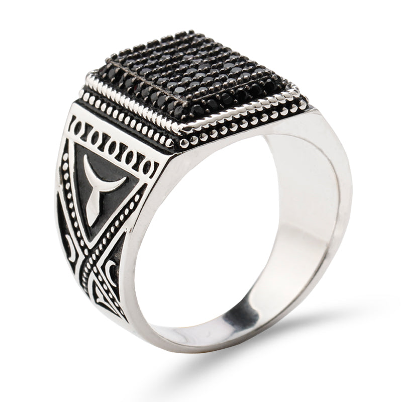 Punk 925 Sterling Silver Signet Ring Rectangle Shape Pave Setting Black Zircon Stone for Men Fine jewelry