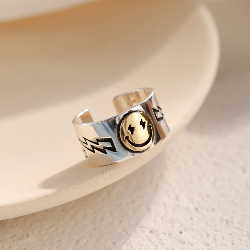Punk Ancient Gold Lightning Smile Face Open Rings For Women Punk Hip Hop Adjustable Metal Large Smiling Ring Party Jewelry A909
