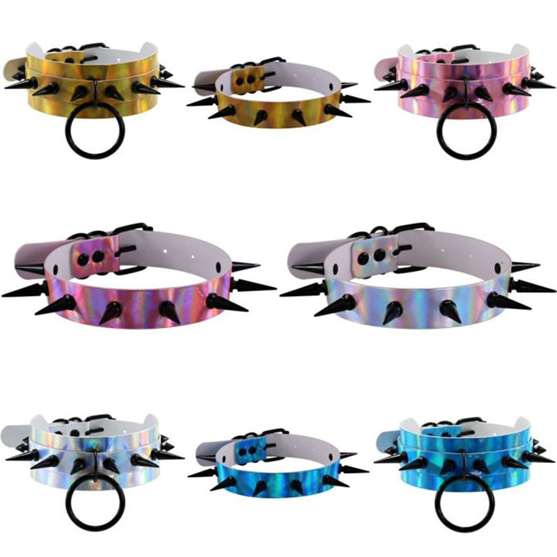 Punk Black Spilke Round PU Leather Choker Necklace For Women Hip Hop Goth Laser Light Color Necklaces Jewelry Gothic Accessories