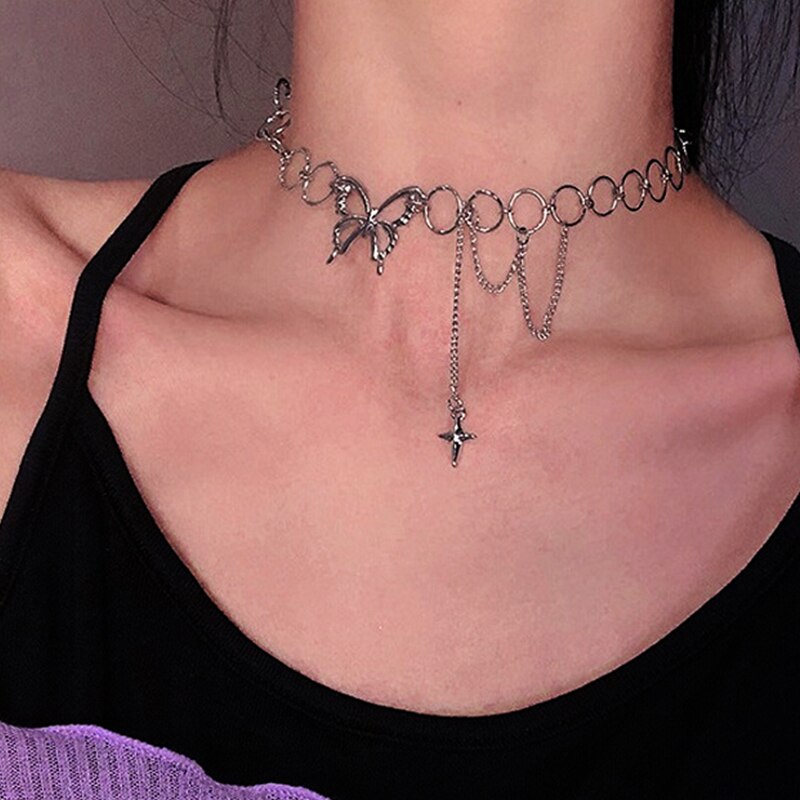 Punk Butterfly Choker Necklace Women Collares Gothic Hip Hop Stainless Steel Chain Star Pendant Necklace Mujer Jewlery