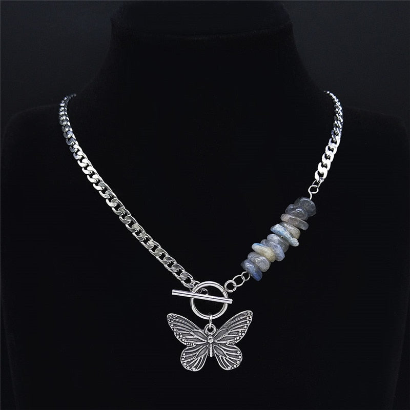 Punk Butterfly Stainless Steel Natural Flash Stone Necklace Chain Silver Color Bead Necklace Jewelry colgantes mujer NXS04