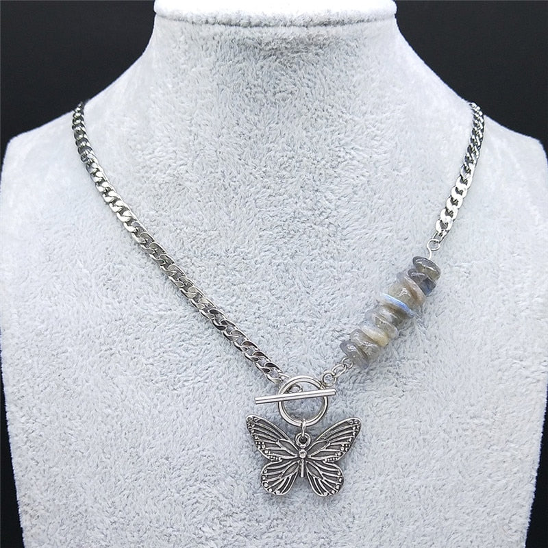 Punk Butterfly Stainless Steel Natural Flash Stone Necklace Chain Silver Color Bead Necklace Jewelry colgantes mujer NXS04