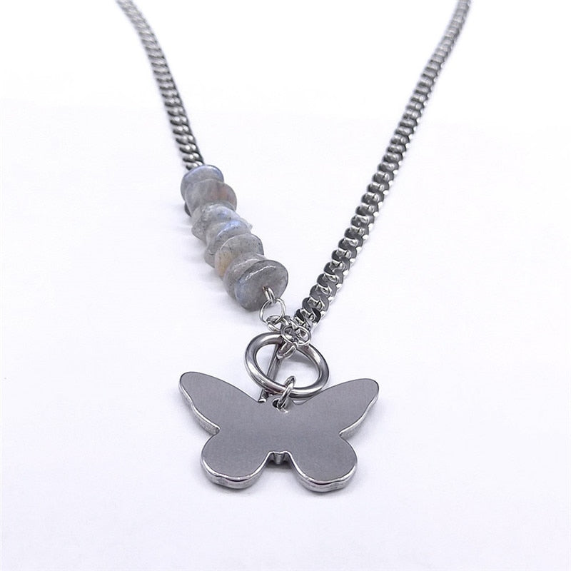 Punk Butterfly Stainless Steel Natural Flash Stone Necklace Chain Silver Color Bead Necklace Jewelry colgantes mujer NXS04