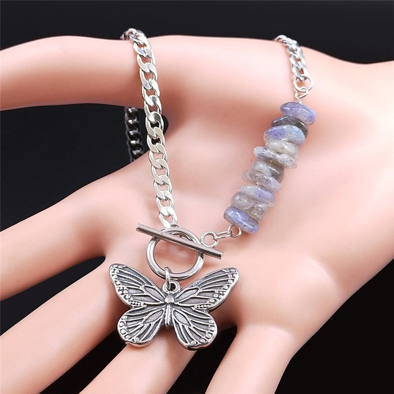 Punk Butterfly Stainless Steel Natural Flash Stone Necklace Chain Silver Color Bead Necklace Jewelry colgantes mujer NXS04