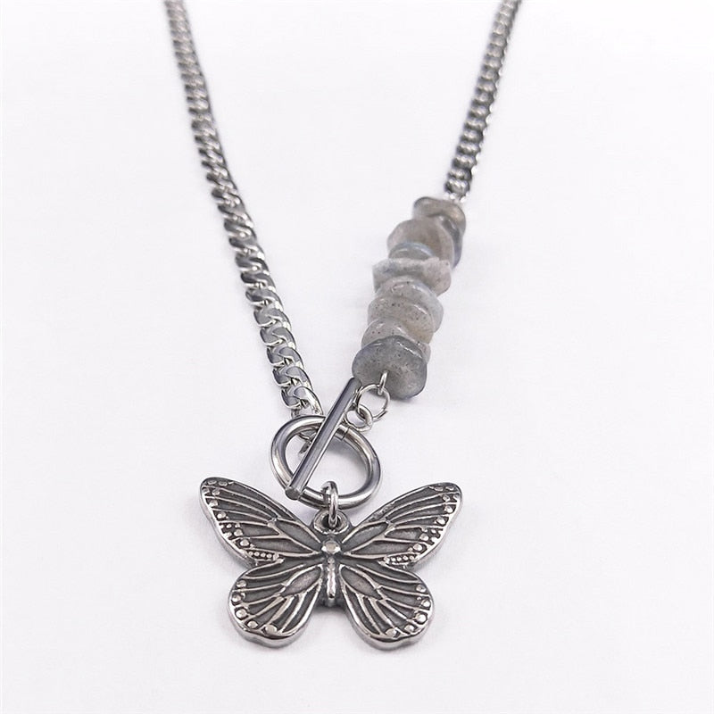Punk Butterfly Stainless Steel Natural Flash Stone Necklace Chain Silver Color Bead Necklace Jewelry colgantes mujer NXS04