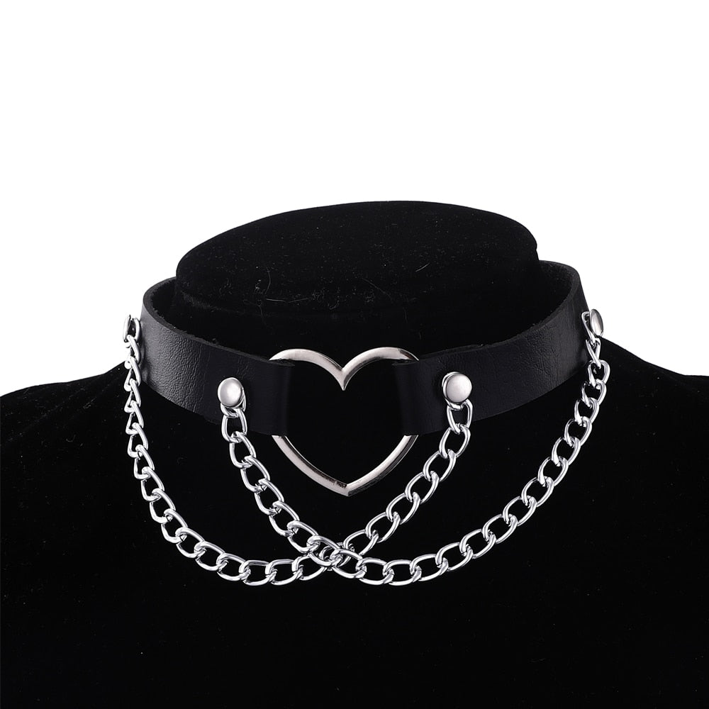 Punk Chain Choker Necklace For Women Girls Black Leather Heart Chockers Collar Goth Jewelry Gothic Fashion  Accessories