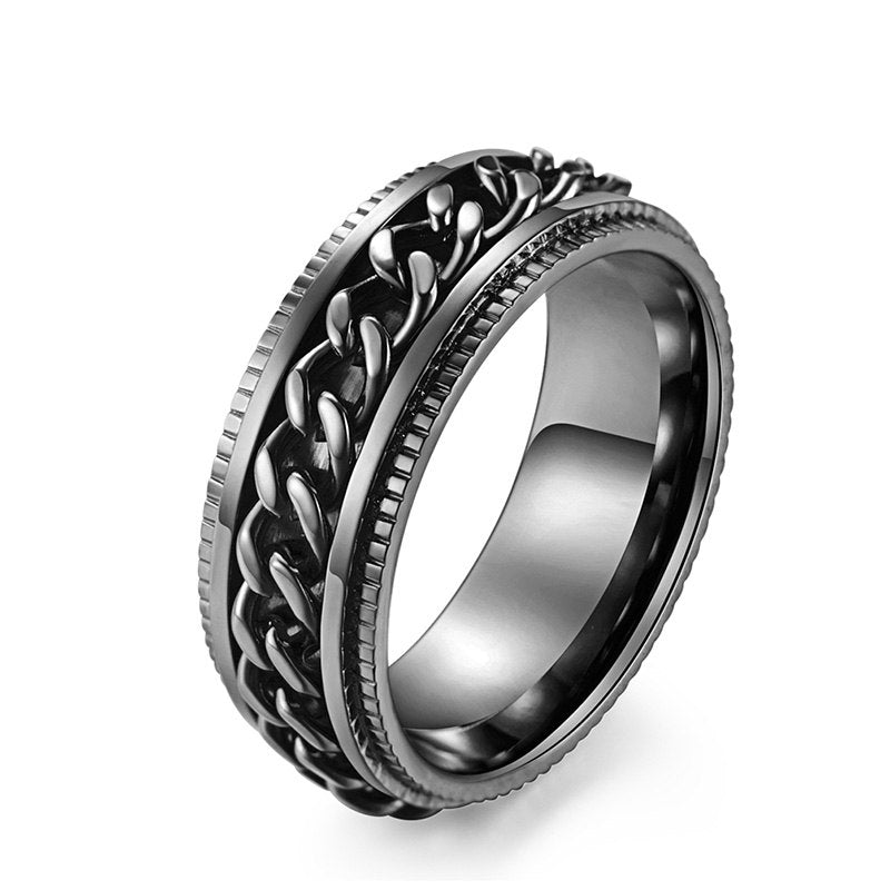 Punk Chain Spinner Ring for Men Silver/Black/Rose Gold Color Stainless Steel Embossing Ring