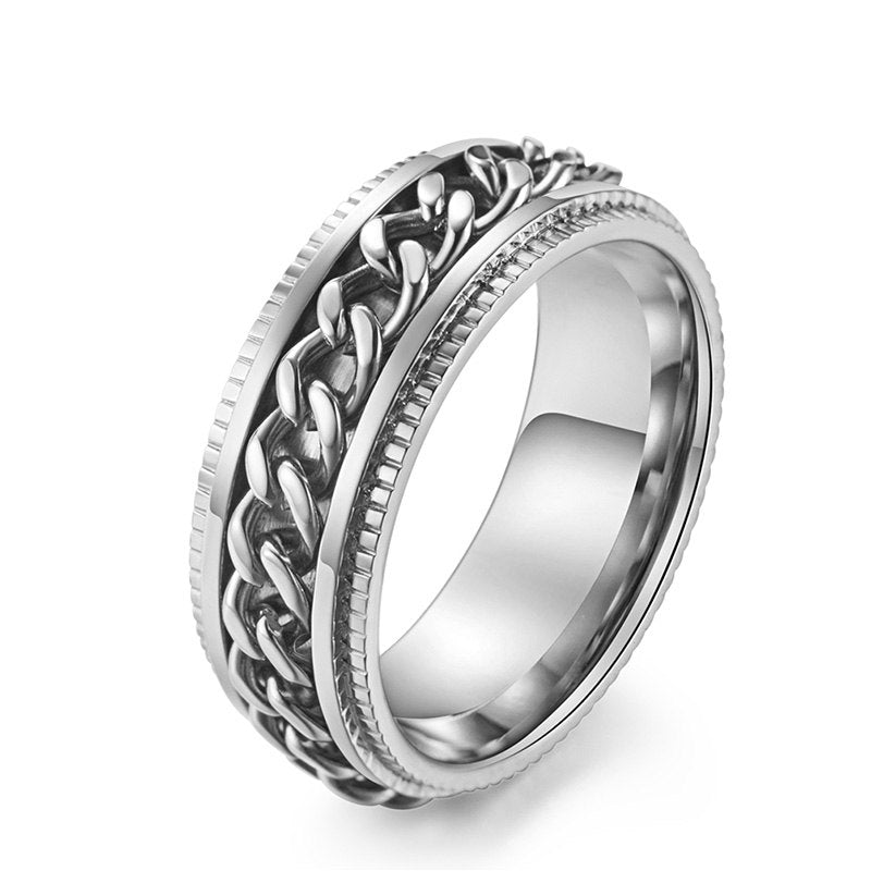 Punk Chain Spinner Ring for Men Silver/Black/Rose Gold Color Stainless Steel Embossing Ring