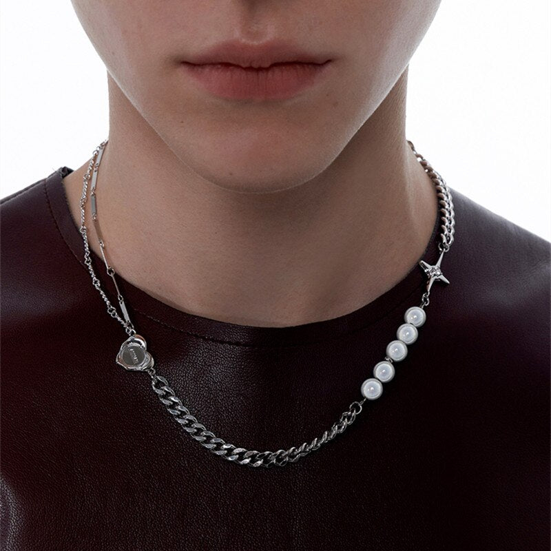 Punk Choker Necklace Collar Statement Hip Hop Cross Heart Pearls Chain Couple Necklace for Women Men Jewelry Gift