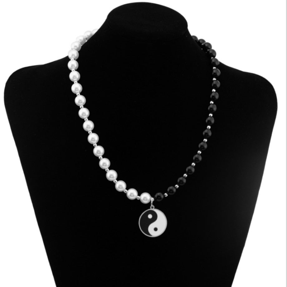 Punk Cool Men And Women Necklace Stainless Steel Ribbon Tai Chi Disc Pendant Trendy Jewelry Black And White Pearl Long Choker