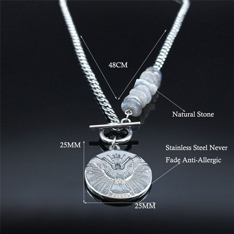 Punk Eagle Stainless Steel Natural Flash Stone Statement Necklace Women Silver Color Bead Necklaces Jewelry collares NXS04