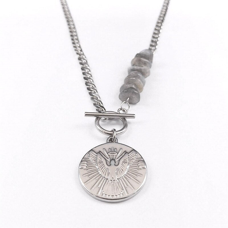 Punk Eagle Stainless Steel Natural Flash Stone Statement Necklace Women Silver Color Bead Necklaces Jewelry collares NXS04