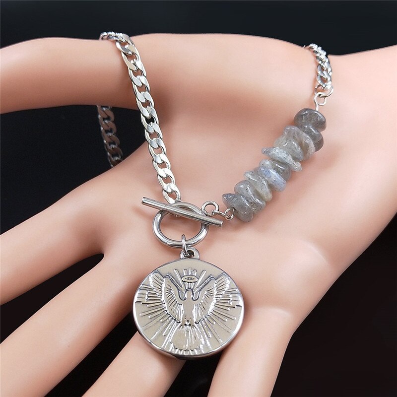 Punk Eagle Stainless Steel Natural Flash Stone Statement Necklace Women Silver Color Bead Necklaces Jewelry collares NXS04